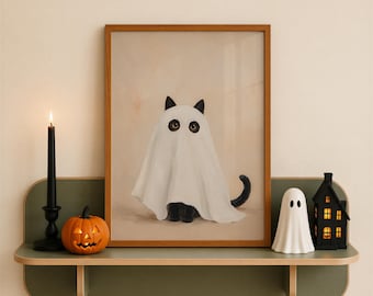 Arte de pared de gato fantasma, lindo estampado de Halloween, póster de fantasma con sábana de gato negro, decoración espeluznante y caprichosa, decoración de Halloween de moda, descarga digital
