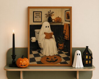 Ghost on Toilet Wall Art, Funny Ghost Bathroom Print, Cute Halloween Bathroom Wall Decor, Spooky Toilet Poster, Gothic Art, Digital Download