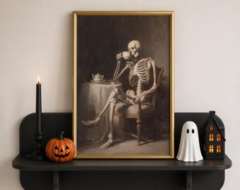 Plakat z nadrukiem szkieletu, plakat z obrazem szkieletu pijącego kawę, dekoracja ścienna na Halloween, dekoracja kawiarni na Halloween, plakat z kawą, pobieranie cyfrowe