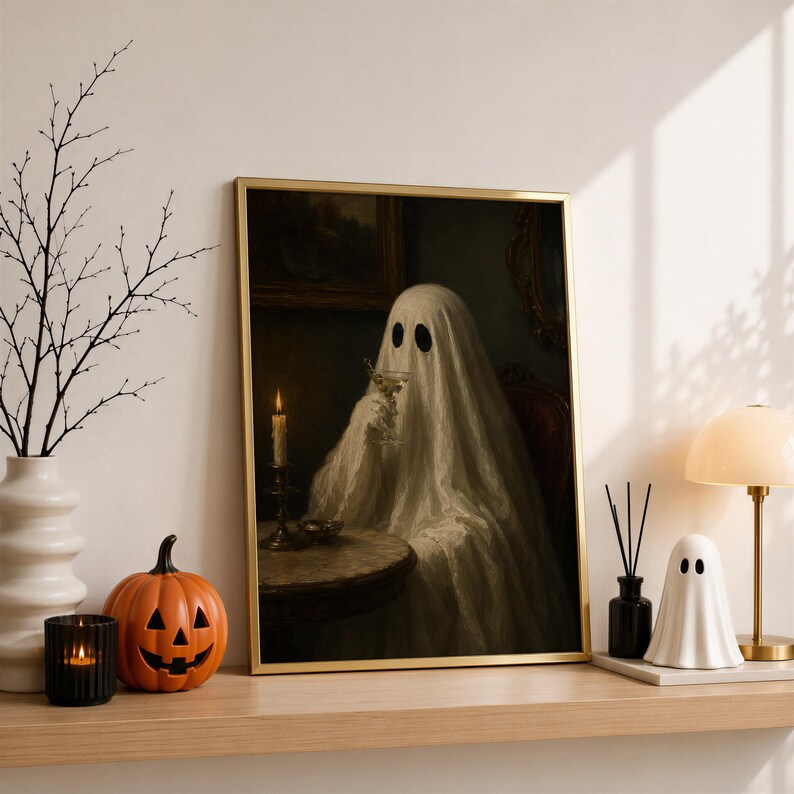 May include: A framed wall art print featuring a ghost draped in a white sheet, sitting at a table with a lit candle and a glass. The ghost has two black oval eyes. The artwork is displayed in a gold frame, capturing a dark, moody atmosphere.
