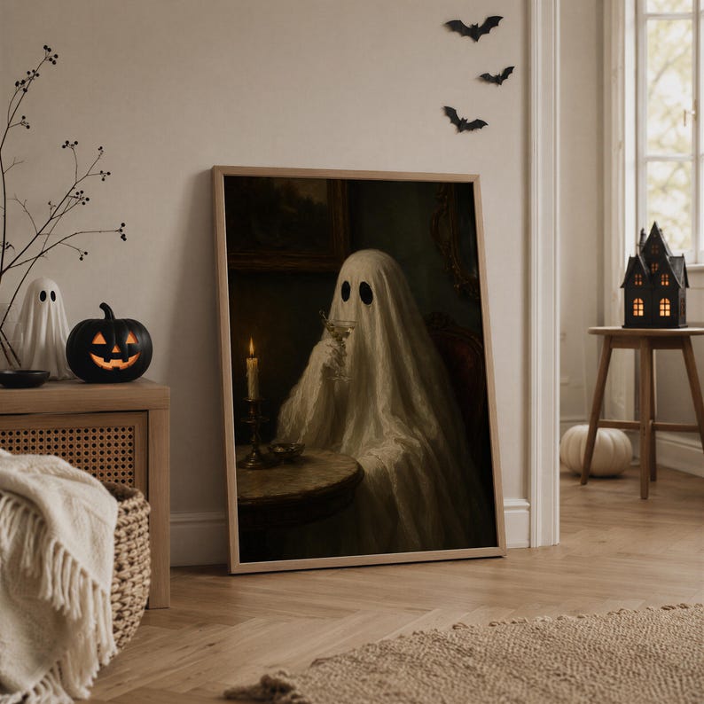 May include: A framed wall art print depicting a ghost draped in a white sheet, sitting at a round table with a lit candle and holding a glass. The ghost has two dark oval eyes and is positioned in a dimly lit, moody interior setting.