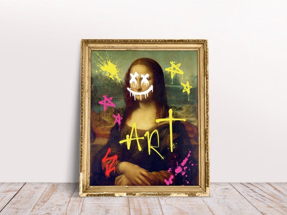 Mona Lisa Neon Graffiti Pink Yellow, Altered Art Print, Hypebeast Poster, Graffiti Street Art, Funky Wall Art, Printable Quirky Oil Painting