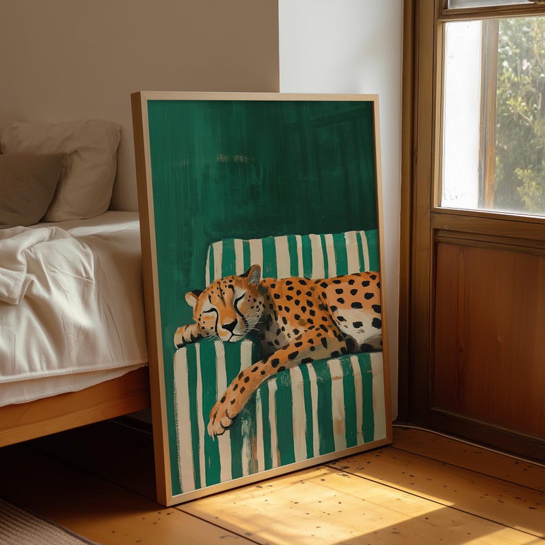Sleepy Leopard Poster, Emerald Green Print, Contemporary Modern Decor, Maximalist Wall Art, Digital Download image 2