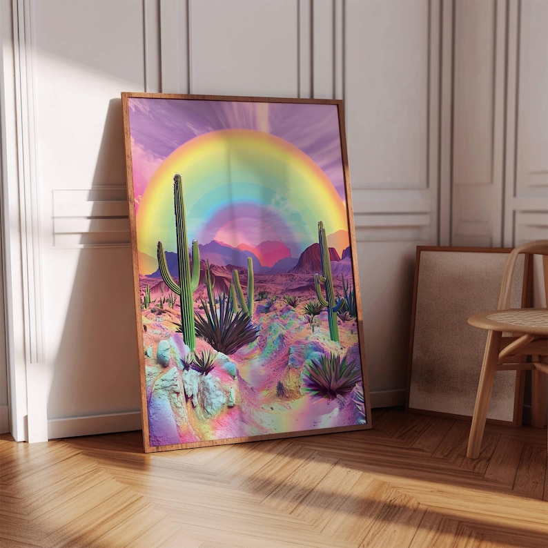May include: A digital art print featuring a rainbow arching over a desert landscape with cacti and colorful rocks. The sky is a vibrant purple and pink.