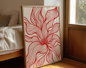 Lámina artística floral roja lineal, decoración de pared botánica abstracta, póster floral minimalista, decoración moderna para el hogar, descarga digital.