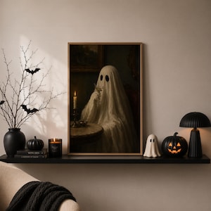 May include: A framed wall art print depicting a figure draped in a white sheet, resembling a ghost, sitting at a table with a lit candle and a glass. The artwork is displayed on a black shelf alongside a black vase, pumpkins, and a lamp.