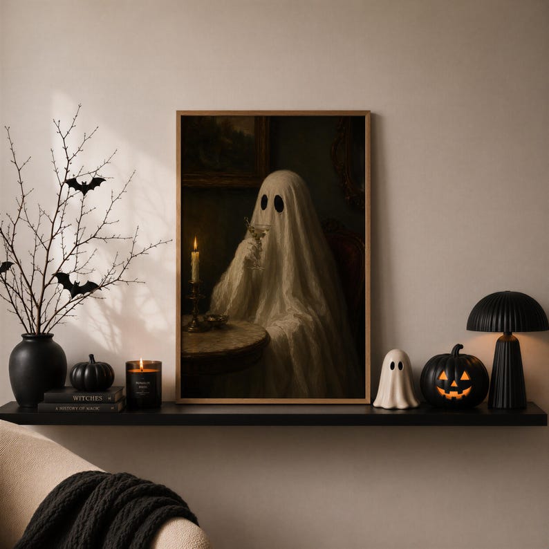 May include: A framed wall art print depicting a figure draped in a white sheet, resembling a ghost, sitting at a table with a lit candle and a glass. The artwork is displayed on a black shelf alongside a black vase, pumpkins, and a lamp.