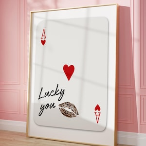 Playing Card Wall Art, Lucky You Poster, Leopard Kiss Lips Wall Art, Aesthetic Room Decor, Trendy Retro Wall Art, Ace Card Print, Printable