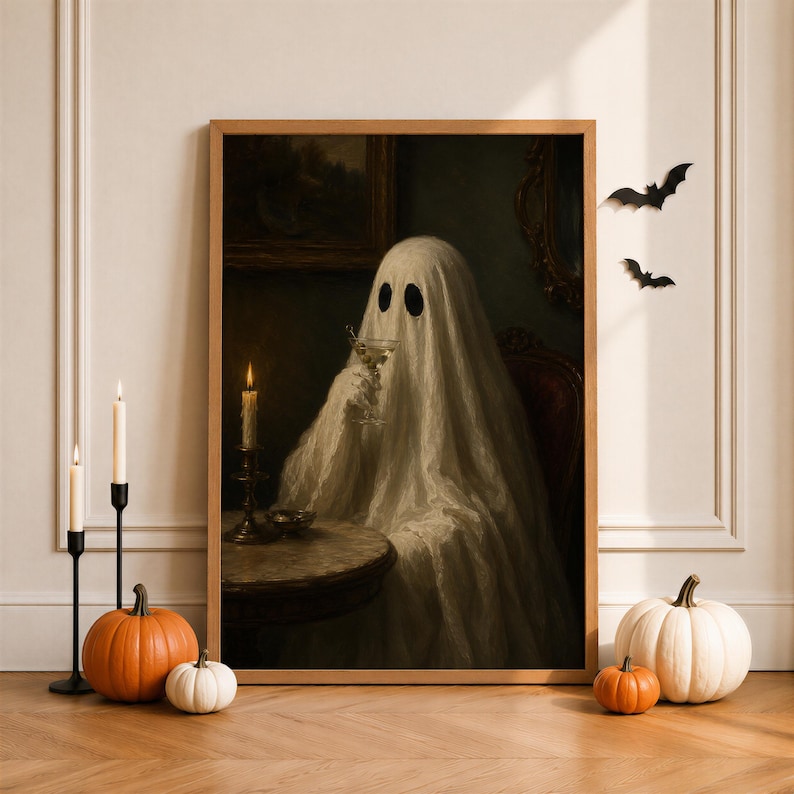 May include: A framed wall art print depicting a ghost draped in a white sheet, sitting at a round table with a lit candle and holding a martini glass. The dark, moody scene features a ghost with two black oval eyes, set within a wooden frame.