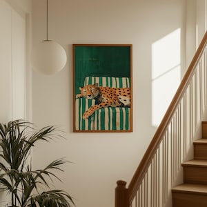 Sleepy Leopard Poster, Emerald Green Print, Contemporary Modern Decor, Maximalist Wall Art, Digital Download image 6