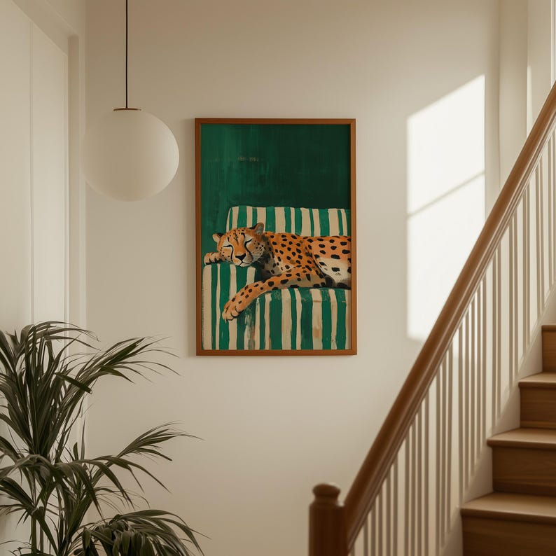 Sleepy Leopard Poster, Emerald Green Print, Contemporary Modern Decor, Maximalist Wall Art, Digital Download image 6