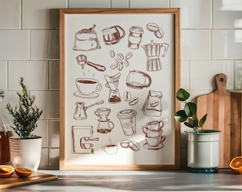 Coffee Print, Coffee Poster, Kitchen Wall Art, Kitchen Decor, Retro Coffee Art, Coffee Bar Decor, Coffee Lover Gift, Trendy Printable Art