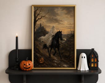 Lámina de Ghost Rider para Halloween, arte mural gótico de Halloween, decoración mural vintage estilo Dark Academia, póster espeluznante de otoño, descarga digital.