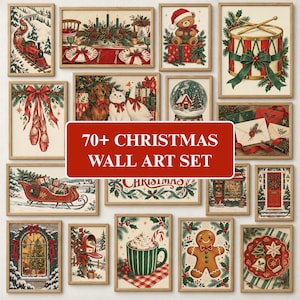 May include: A collection of framed wall art prints featuring various Christmas themes including a red train, a holiday table setting, a teddy bear, a drum, ballet slippers, animals, a snow globe, letters, a sleigh, and gingerbread.