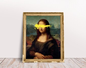 Mona Lisa Print, Graffiti Poster, Street Art, Yellow Poster, Altered Art Print, Vintage Painting Wall Art, Funky Wall Art, Instant Download