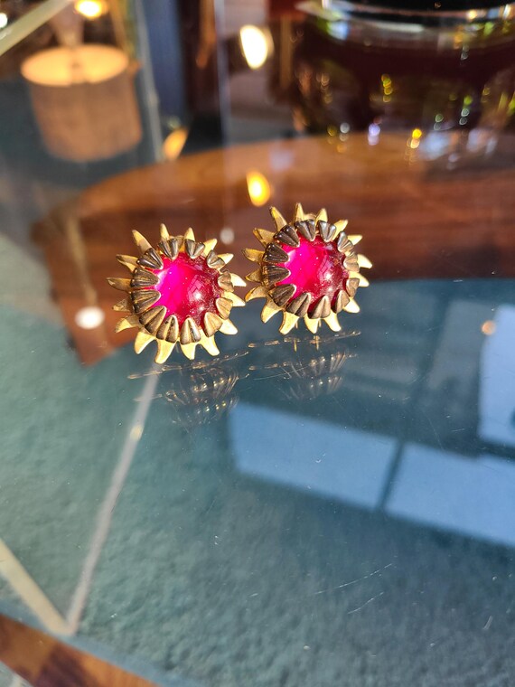 Robert Rose Red and Gold Tone Clip Earrings - image 2