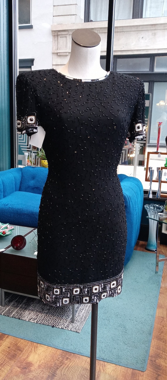 Black Beaded Sparkle Dress 80s Vtg