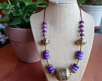 Chunky Brass and Purple Beaded Necklace