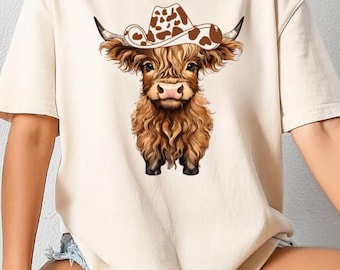 Sombrero de vaquero de vaca de las Tierras Altas, camisa Comfort Colors, regalo de animales de granja