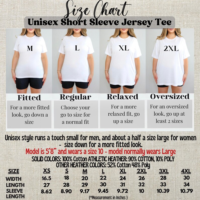 Op de afbeelding: Een maattabel voor Unisex T-shirts met korte mouwen. De tabel bevat afmetingen in inches voor de maten XS tot en met 4XL. De tabel laat ook zien hoe de shirts passen, van getailleerd tot oversized, met modellen die verschillende maten dragen.