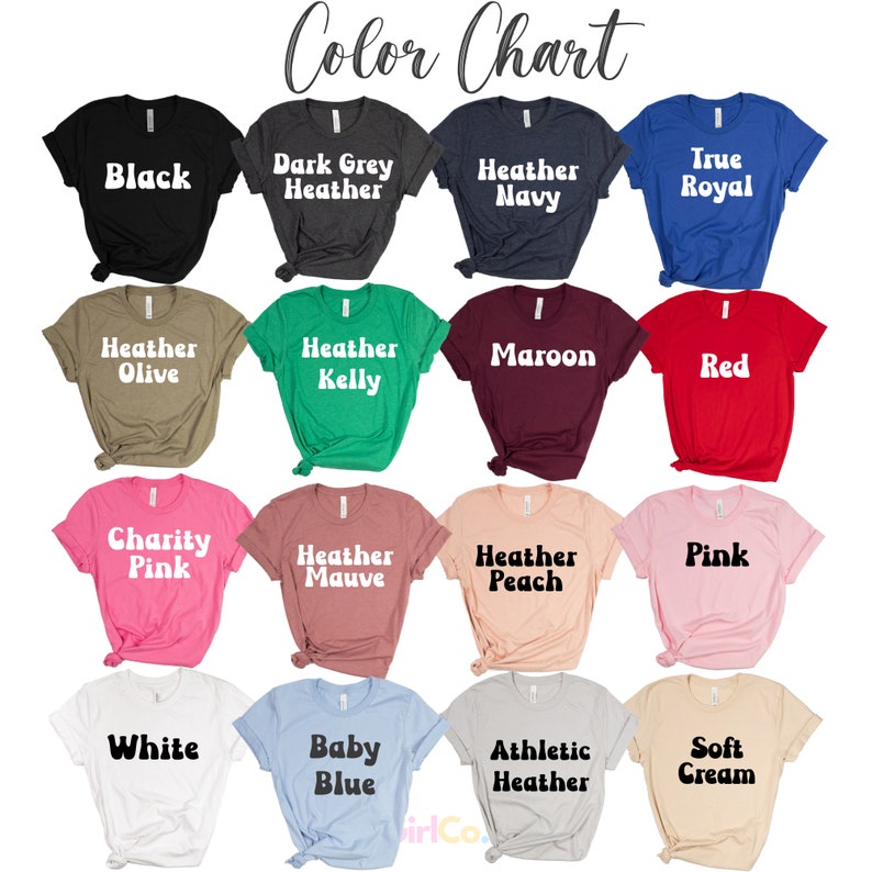 Op de afbeelding: Een kleurenkaart met t-shirtkleuren, waaronder zwart, donkergrijs heather, heather navy, true royal, heather olive, heather kelly, bordeaux, rood, charity pink, heather mauve, heather peach, roze, wit, baby blue, athletic heather en soft cream.