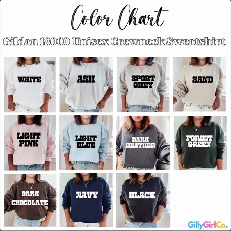 Puede incluir: Tabla de colores de sudaderas unisex Gildan 18000, mostrando blanco, gris ceniza, gris deportivo, arena, rosa claro, azul claro, gris oscuro, verde bosque, chocolate oscuro, azul marino y negro. El texto "Color Chart" est&aacute; arriba.