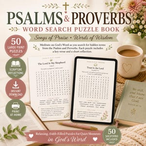 Op de afbeelding: Een woordzoekpuzzelboek getiteld "Psalms & Proverbs" met de tekst "Songs of Praise • Words of Wisdom". De afbeelding toont een boek, een tablet, een mok en een pen. Het boek bevat 50 grote printpuzzels, schriftreflecties en direct downloaden opties.