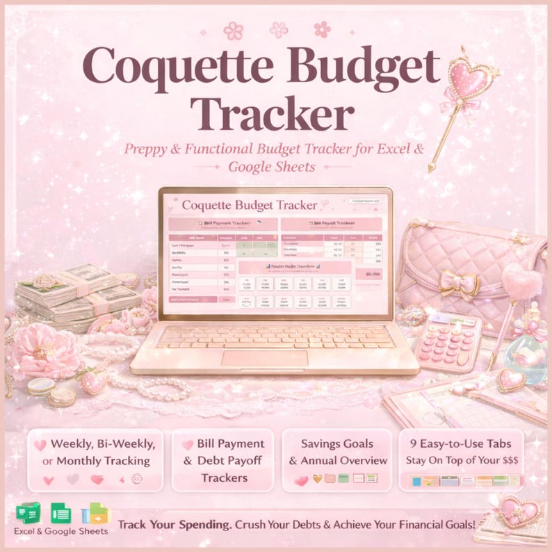 Pode incluir: Um rastreador de or&ccedil;amento digital em tons de rosa, intitulado "Coquette Budget Tracker", exibido em um laptop. A imagem inclui uma calculadora, uma bolsa e dinheiro, com texto destacando recursos como rastreamento semanal e quita&ccedil;&atilde;o de d&iacute;vidas.