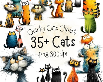 Quirky Cats Clipart Whimsical Cat Png Funny Watercolor Cat Shirt Designs Digital Download Funky Cat Digital Art Cat Wall Decor Printable Png