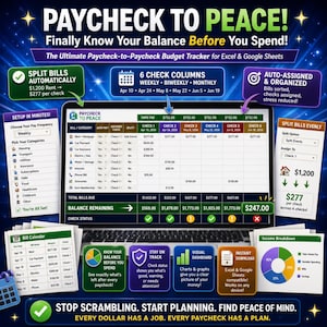 Pode incluir: Um rastreador de orçamento digital exibido na tela de um laptop, intitulado "Paycheck to Peace!" com recursos como divisão de contas, colunas de verificação e organização atribuída automaticamente.
