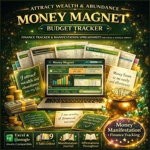 Może przedstawiać: Obraz arkusza kalkulacyjnego finansów i manifestacji o nazwie "Money Magnet Budget Tracker". Obraz przedstawia laptopa wyświetlającego dane finansowe, gotówkę, monety i afirmacje. Tekst zawiera "Excel & Google Sheets Compatible".