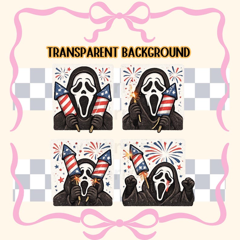 K&ouml;nnte beinhalten: Vier quadratische Bilder mit der Ghostface-Maske aus den Scream-Filmen, die jeweils Feuerwerk im Stil der amerikanischen Flagge halten. Der Text "TRANSPARENT BACKGROUND" steht oben. Die Bilder sind vor einem hellbeigen Hintergrund mit rosa Schleifen angeordnet.