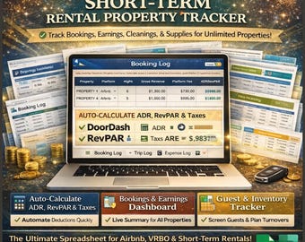 Short-Term Rental Manager Google Sheets Excel | Airbnb VRBO Hip-camp Direct Booking | Occupancy ADR RevPAR Dashboard Guest Log Supplies