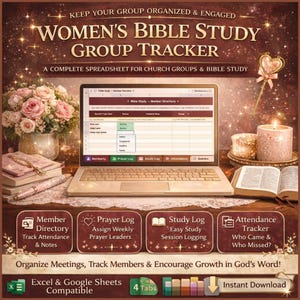 Könnte beinhalten: Ein Laptop zeigt eine Tabelle mit dem Titel "Women's Bible Study Group Tracker". Das Bild enthält einen Strauß rosa Rosen, Kerzen und offene Bücher. Auf dem Bildschirm steht "Bible Study - Member Directory". Die Tabelle ist mit Excel und Google Sheets kompatibel.