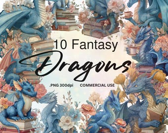 Fantasy Dragon Clipart Bundle: Floral Bookish PNG (Digital Download)