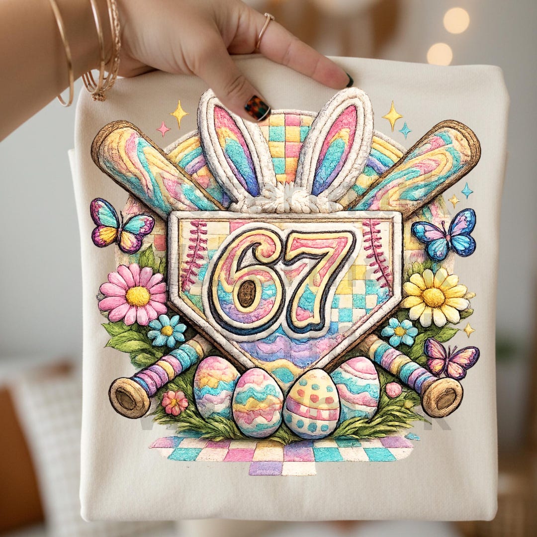 67 Embroidery Look Easter Baseball PNG | Trendy 67 Bunny Sports Design ...