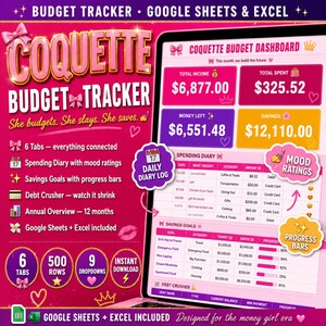 Pode incluir: Um painel de orçamento digital em uma tela de tablet, com um design rosa e roxo. O painel exibe renda, gastos, economias e um diário de gastos. Inclui metas de economia com barras de progresso e recursos de redução de dívidas. O texto diz "Coquette Budget Tracker".