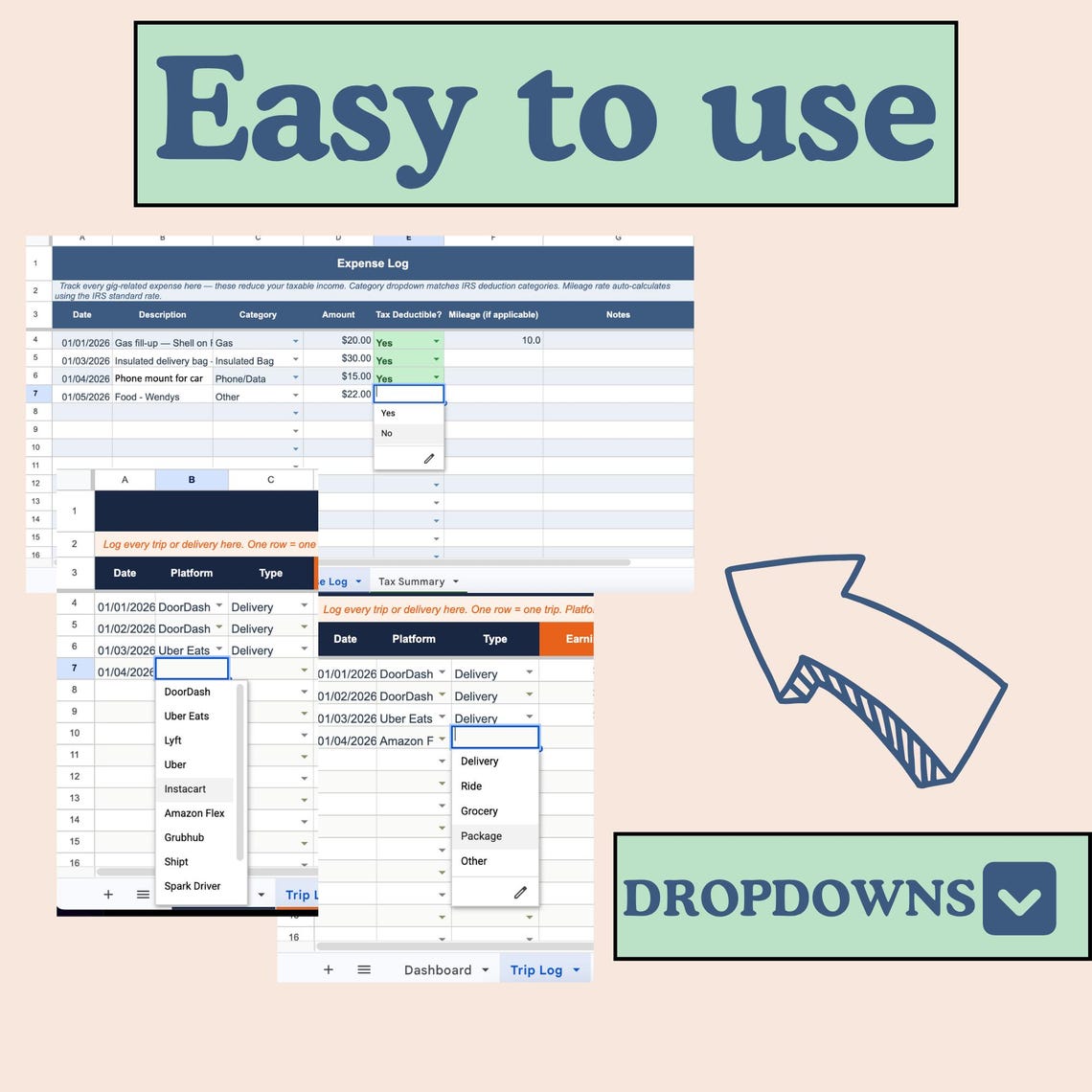 Gig Worker Income & Mileage Tracker Google Sheets Excel | Doordash Uber ...