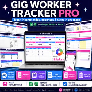 Może przedstawiać: Cyfrowy szablon arkusza kalkulacyjnego Gig Worker Tracker Pro dla Google Sheets i Excel. Ekran przedstawia pulpit nawigacyjny, dziennik podróży, rejestr wydatków, centrum podatkowe oraz karty uzgodnień 1099 z wykresami i tabelami danych.