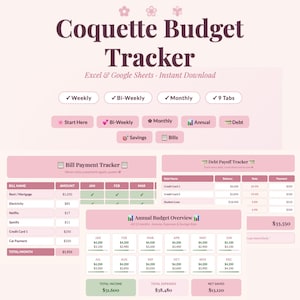 Pode incluir: Um rastreador de or&ccedil;amento digital rosa e branco com o t&iacute;tulo "Coquette Budget Tracker". Inclui se&ccedil;&otilde;es para rastreamento semanal, quinzenal e mensal, com uma vis&atilde;o geral do or&ccedil;amento anual. Projetado para Excel e Google Sheets, download instant&acirc;neo.