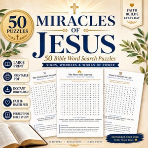 Puede incluir: Imagen promocional de los rompecabezas de búsqueda de palabras bíblicas "50 Milagros de Jesús". La imagen presenta una cruz dorada, texto e ilustraciones. Los rompecabezas están diseñados para el estudio de la Biblia e incluyen opciones como "Impresión grande", "PDF imprimible" y "Descarga instantánea".