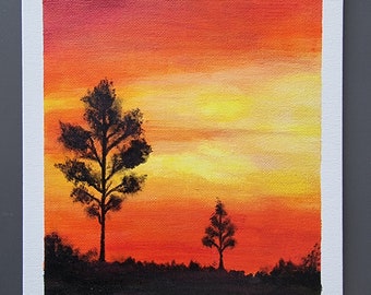 May include: A painting of a sunset with two silhouetted trees in the foreground. The sky is a vibrant orange and yellow with hints of pink and red.