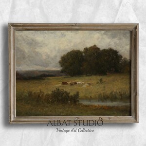 Rustic Cows Landscape | Vintage landscape Oil Painting | Moody Farmhouse Artwork | Digital Download | P1
