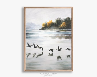 Vintage Autumn Landscape | Wedge of Birds Lake Painting | Bird Duck | Digital print | P34