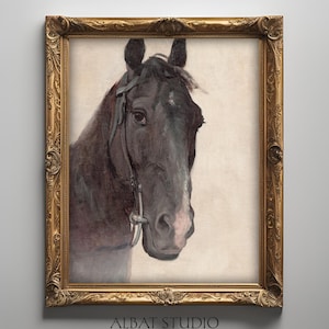 Vintage Horse Head Portrait Oil Painting | Brown Framhouse Animals Print | P61