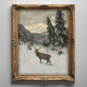 Deer in the Winter Forest Painting | Vintage Winter Print | Winter Landscape | Printable Digital Art | P104