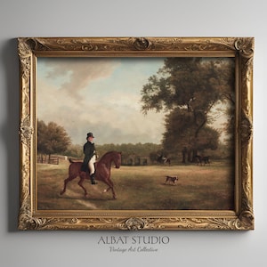 Brown Vintage Landscape Print | Rider on a horse Oil Painting | Horse Gentleman Print | Digital Download | P86