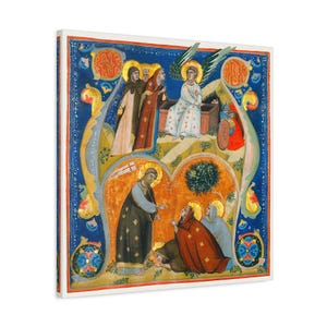 May include: A framed print of a religious artwork. The image shows figures in robes with halos, set against a blue and gold decorative border. The artwork depicts a biblical scene with multiple figures and detailed illustrations.