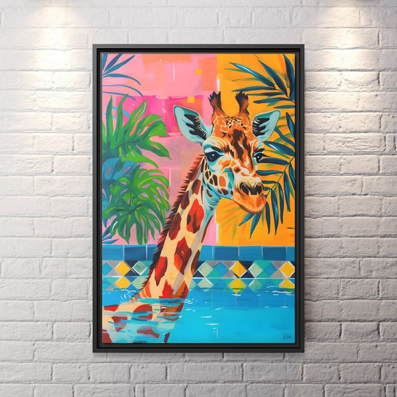 Giraffe Wall Art Oriental Boho Giraffe Canvas Kitsch Art Whimsical Giraffe Art Painting Giraffe Kitsch Aesthetic Giraffe Bathroom Painting