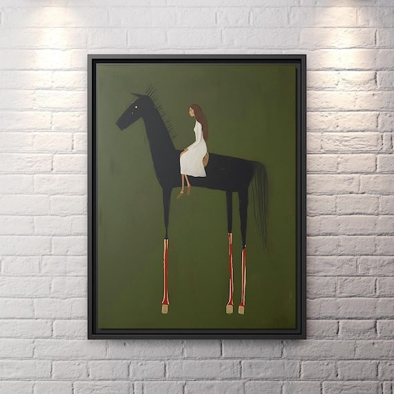 Horse Art Neutral Home Decor Painting Large Green Abstract Western Horse Figure Painting Olive Green Canvas Art Large Minimal Rider Folk Art